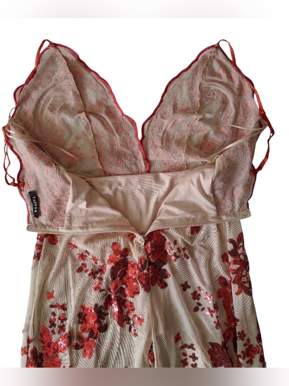 NWT Banjul Sheer Cream with Red Sequin Floral Open Wide-Leg Jumpsuit Size L - Picture 9 of 11